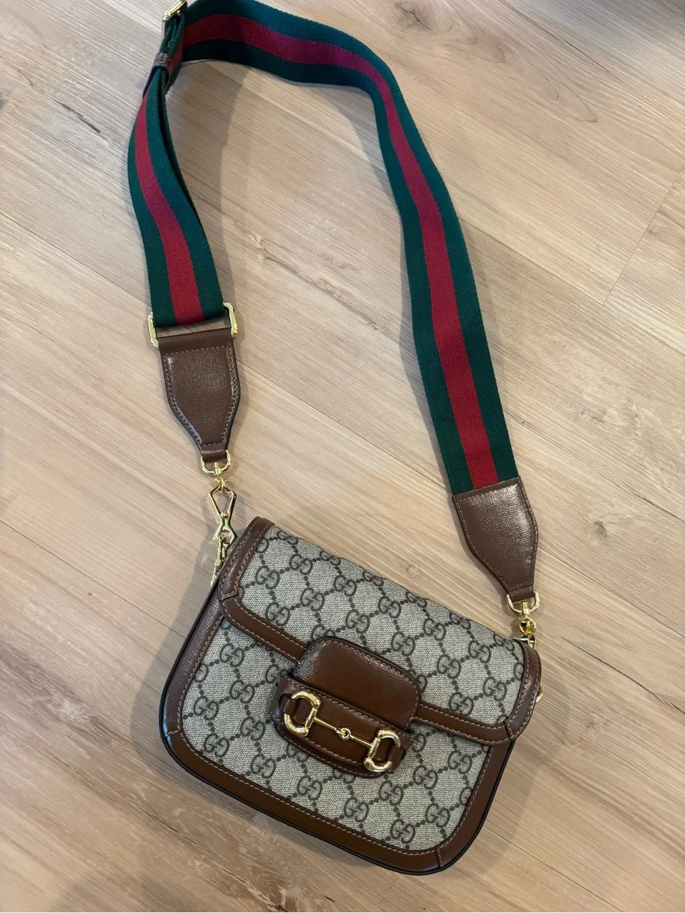 Gucci Beige GG Supreme Canvas Crossbody with Brown Leather & Green-Red Web Strap